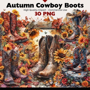 Bundle de cliparts automne bottes de cowboy, bottes de cow-girl aquarelle, graphiques d'automne Western, ferme de tournesols PNG bottes en téléchargement numérique, créations en papier