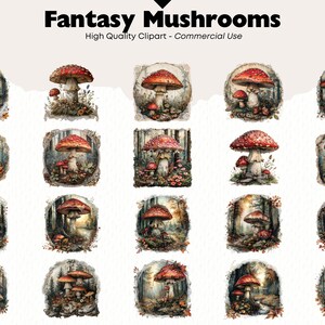 May include: Twenty-four digital illustrations of red and white mushrooms with white spots in a forest setting. The mushrooms are surrounded by green leaves and brown tree trunks. The illustrations are in a watercolor style.