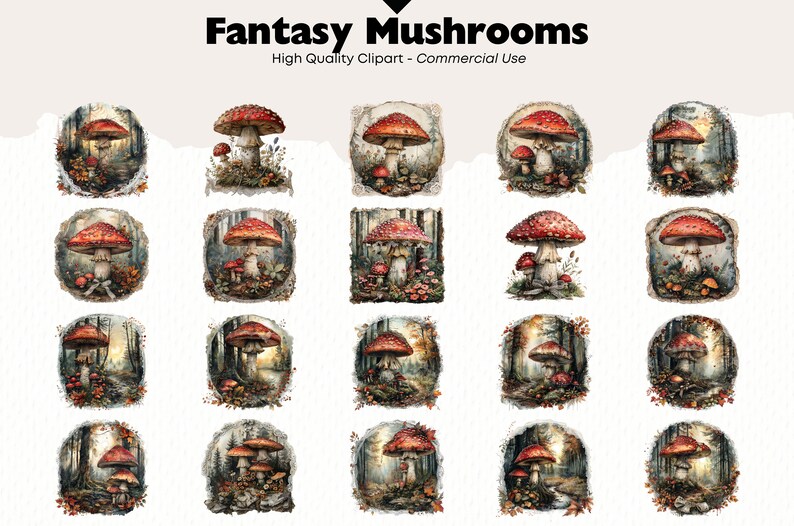 May include: Twenty-four digital illustrations of red and white mushrooms with white spots in a forest setting. The mushrooms are surrounded by green leaves and brown tree trunks. The illustrations are in a watercolor style.