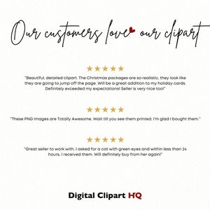 May include: A digital clipart image with five-star reviews from customers. The reviews highlight the realistic quality of the clipart, the speed of delivery, and the seller's responsiveness. The text "Our customers love our clipart" is at the top of the image. The text "Digital Clipart HQ" is at the bottom of the image.