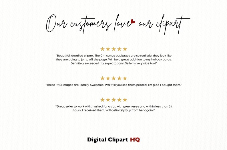 May include: A digital clipart image with five-star reviews from customers. The reviews highlight the realistic quality of the clipart, the speed of delivery, and the seller's responsiveness. The text "Our customers love our clipart" is at the top of the image. The text "Digital Clipart HQ" is at the bottom of the image.