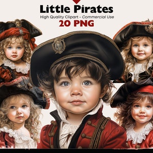 Little Pirates Clipart Set, Victorian Kids Watercolor PNG, Kids Pirate Masquerade, Children in Vintage Pirate Costumes, Cute Kids Graphics