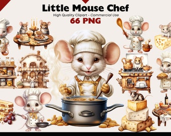 Cute Little Mouse Chef Clipart Bundle, Mice in Kitchen Watercolor, Mouse Chef PNG, Mouse Cooking Graphics, Chefs Hat Mouse Images, Scrapbook