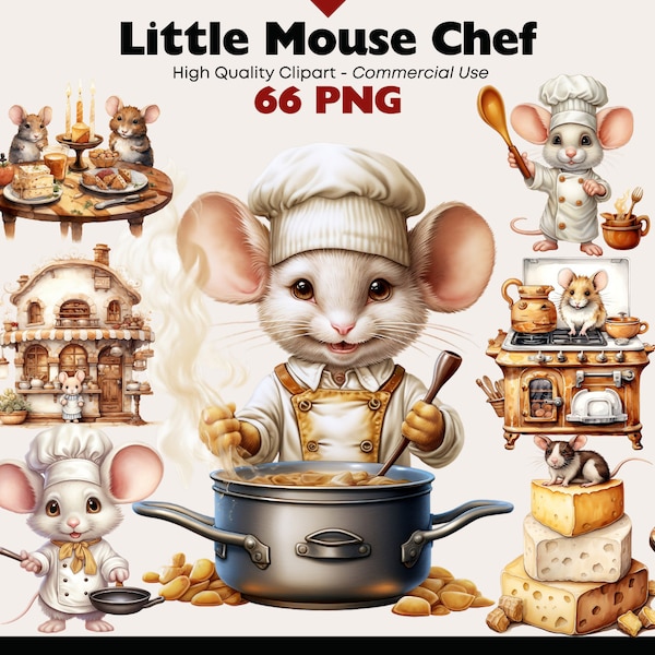 Bundle de cliparts mignon petite souris chef, souris dans la cuisine aquarelle, souris chef PNG, graphiques de cuisine de souris, images de souris de chapeau de chef, scrapbooking