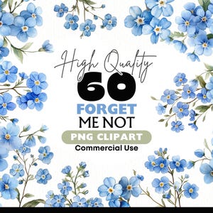 Op de afbeelding: Een set van 60 hoogwaardige PNG-clipart afbeeldingen van vergeet-me-nietjes. De bloemen zijn blauw en wit en hebben een aquareleffect. De afbeeldingen zijn perfect voor commercieel gebruik.