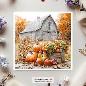 May include: A watercolor illustration of a rustic gray barn surrounded by autumn foliage. In the foreground, two orange pumpkins, two pears, a pomegranate, and a wooden crate filled with green and orange leaves sit on a stone path.