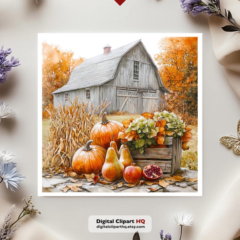 May include: A watercolor illustration of a rustic gray barn surrounded by autumn foliage. In the foreground, two orange pumpkins, two pears, a pomegranate, and a wooden crate filled with green and orange leaves sit on a stone path.