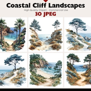 Może przedstawiać: Klip art akwarelowy przedstawiający krajobrazy klifów nadmorskich ze ścieżkami, drzewami i widokami na ocean. Obrazy są oznaczone jako "Coastal Cliff Landscapes" i "30 JPEG". High Quality Clipart - Commercial Use.