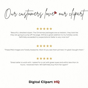 以下が含まれることがあります： 白い背景に、「Our customers love our clipart」という黒い筆記体で書かれたテキストがあります。テキストの下には、それぞれ5つの金色の星が付いた顧客レビューが3つあります。レビューは引用符で囲まれており、クリップアートの品質について説明しています。「Digital Clipart HQ」というテキストは、画像の下部に金色で表示されています。