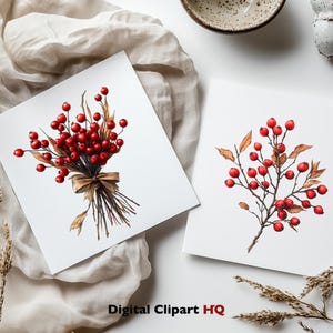 May include: Two watercolor illustrations of red berries on branches. The first illustration shows a bouquet of berries tied with a brown ribbon. The second illustration shows a single branch of berries.