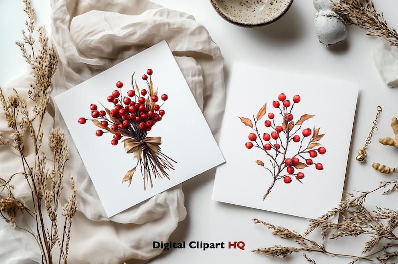 May include: Two watercolor illustrations of red berries on branches. The first illustration shows a bouquet of berries tied with a brown ribbon. The second illustration shows a single branch of berries.