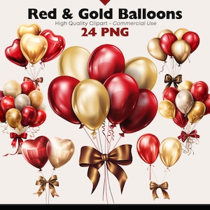 Roter Gold Ballon Clipart Bundle, Valentinstag Ballon PNG, Aquarell Geburtstag Ballon Illustration, Party Ballon Digital Download Grafiken
