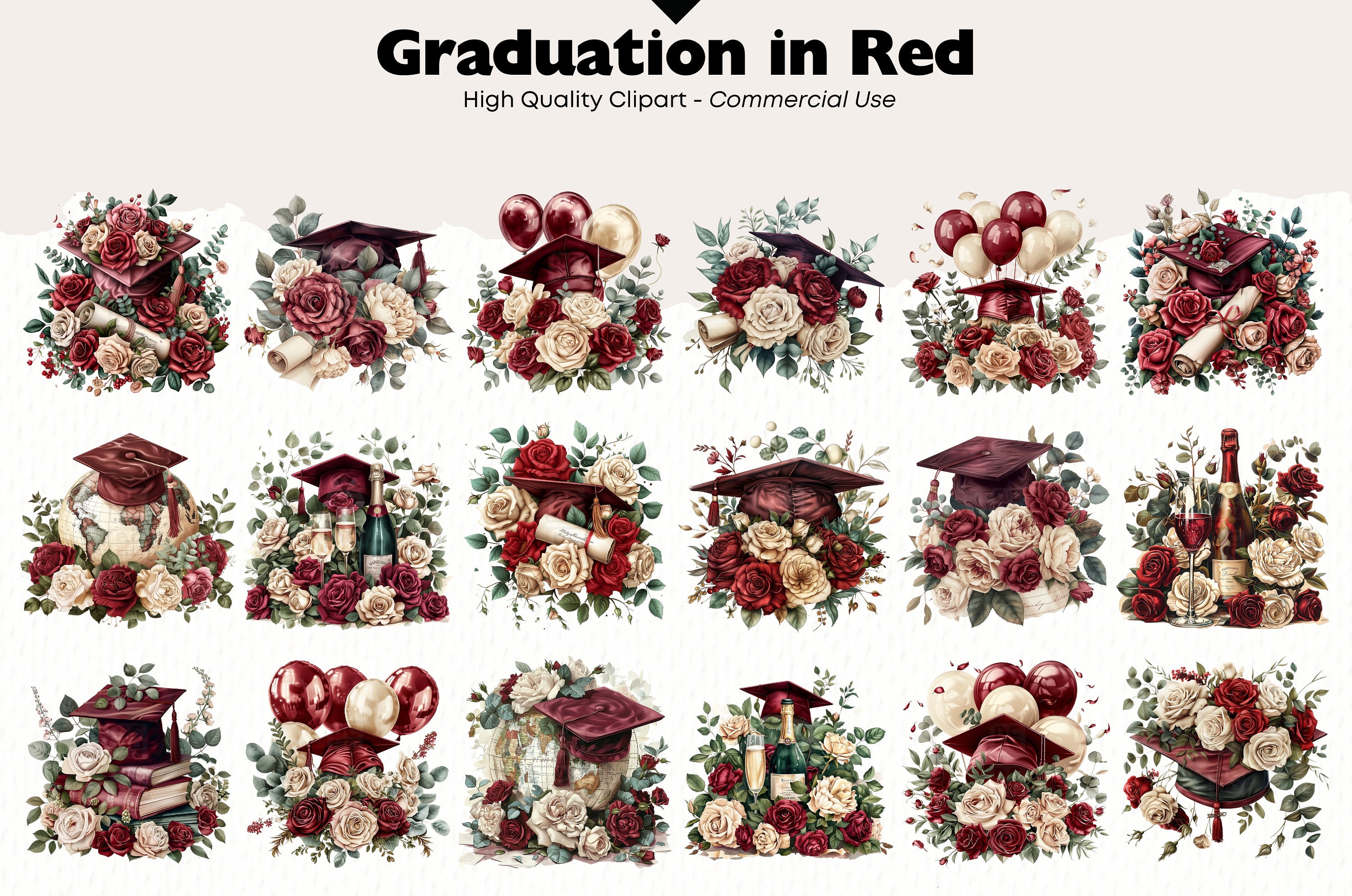 Red Graduation Clipart Bundle, Academic Diploma Watercolor Graphics ...