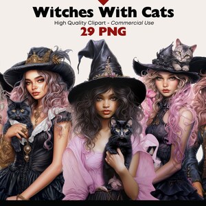 Bellissimo pacchetto di clipart di streghe, PNG di strega gatto, clipart di acquerello di strega domestica, grafica di streghe, lavori di carta, album di ritagli, PNG di strega rosa