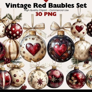 Vintage Christmas Ornaments Clipart Bundle Akwarela Holiday Baubles PNG Zimowe dekoracje Grafiki Cyfrowe Pobieranie Papierowe Rękodzieło Scrapbooking
