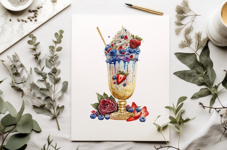 Puede incluir: Una pintura de acuarela de un vaso alto lleno de un batido cubierto con crema batida, fresas y ar&aacute;ndanos. El batido est&aacute; rociado con glaseado azul y tiene un borde dorado. Una sola rosa roja y m&aacute;s ar&aacute;ndanos est&aacute;n esparcidos alrededor del vaso.