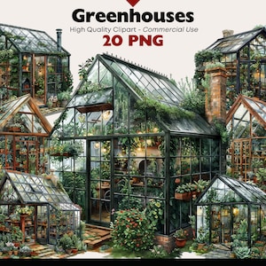 Pacote de clipart de estufa, gráficos de jardim botânico, casa de plantas para impressão, download digital de laranjal, estufa de aquarela PNG estufa