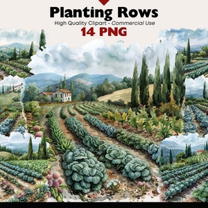 Imágenes prediseñadas de hileras de plantación, gráficos de acuarela para jardín de temporada de cosecha, imágenes PNG de temporada de cultivo escénica, descarga digital de paisajes agrícolas