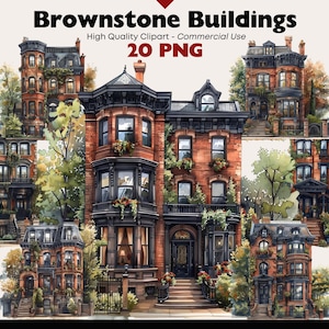 Brownstone Building Clipart Bundle Manhattan Appartamenti Edifici Acquerelli Città Edifici Carta Stampabile Artigianato Classico Townhouse PNG