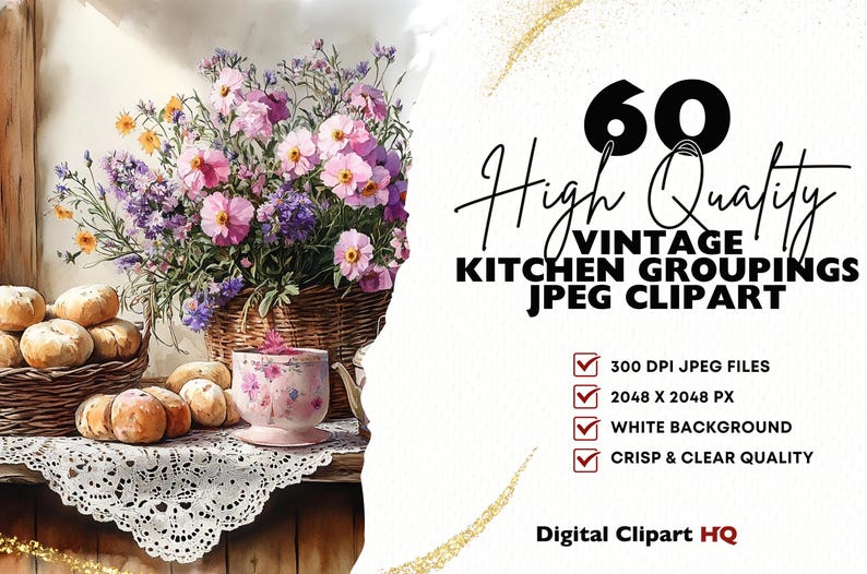 vintage floral kitchen scene clipart set graphic by... Vintage Rustic Kitchen Scenes Clipart Bundle Romantic Baking Digital ...
