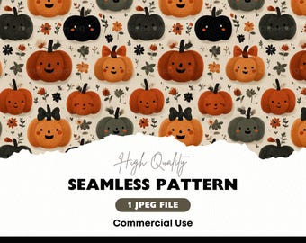 Cute Pumpkin Seamless Pattern with Black and Orange Pumpkins PNG, Fall Flowers and Bows, Repeat Halloween Digital Paper Background JPEG