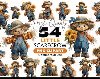 Può includere: Una collezione di 54 immagini clipart PNG di Little Scarecrow. Gli spaventapasseri sono raffigurati in varie pose, con tute blu, cappelli di paglia e camicie arancioni. Alcuni tengono girasoli o libri. È presente anche il testo "High Quality" e "Commercial Use".