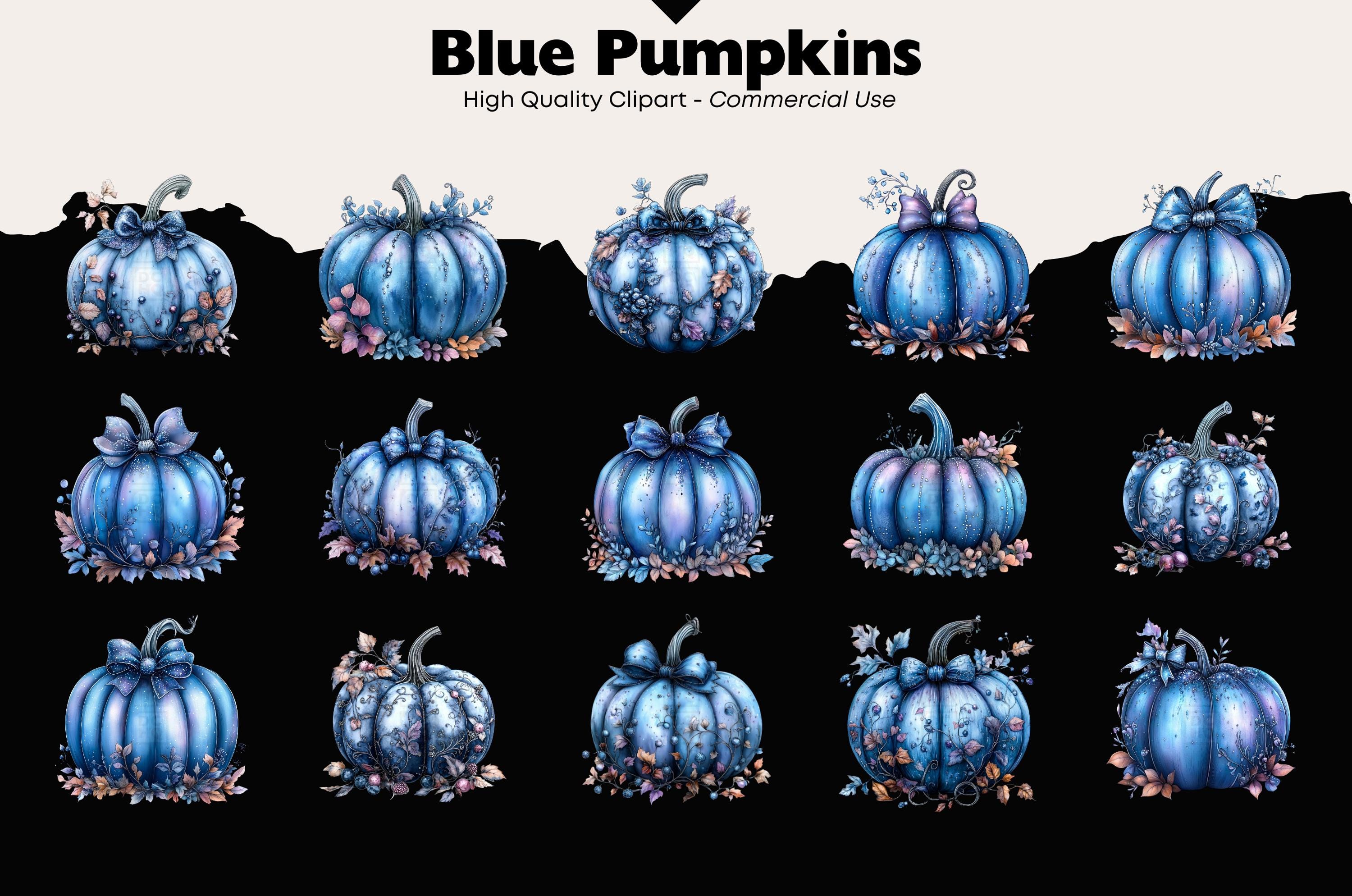 Blue Pumpkins Clipart Bundle Autumn Watercolor Png Pumpkin and Leaves ...
