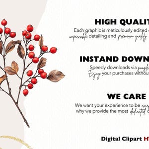 May include: A digital illustration of a branch with red berries and brown leaves. The text "HIGH QUALITY", "INSTAND DOWNLOAD", "WE CARE", and "Digital Clipart HQ" is displayed on a white background.