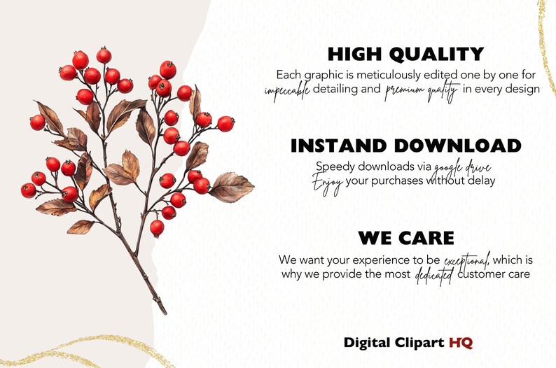 May include: A digital illustration of a branch with red berries and brown leaves. The text "HIGH QUALITY", "INSTAND DOWNLOAD", "WE CARE", and "Digital Clipart HQ" is displayed on a white background.