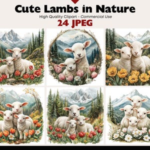 Lamb Family Clipart Bundle Nature Scenes Art Woodland Animals Digital Download Whimsical Forest Spring JPEG Wildlife Graphics Commercial Use