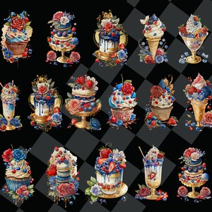 Puede incluir: Una colecci&oacute;n de 24 ilustraciones de acuarela de varios postres, incluyendo cupcakes, pasteles, helados y batidos. Cada postre est&aacute; decorado con ar&aacute;ndanos, fresas y rosas, y muchos tienen una base dorada.