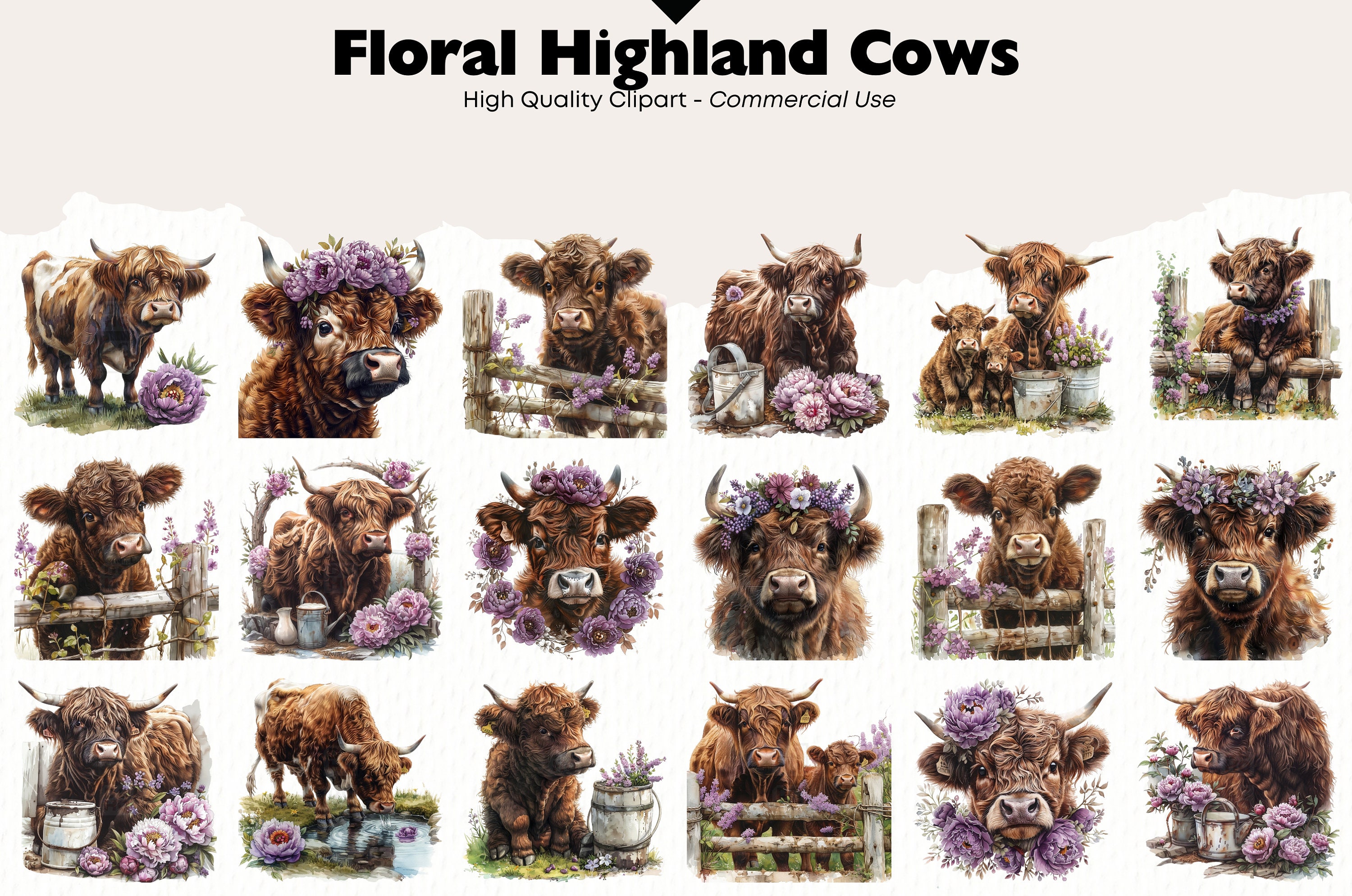Floral Highland Cow Clipart Bundle, Whimsical Farm Animal Watercolor ...