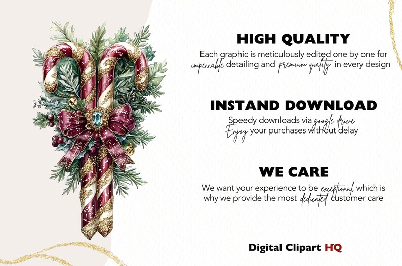 May include: Two red and white candy canes with gold glitter are tied together with a red velvet bow and a blue jewel. The candy canes are surrounded by green pine branches and red berries.