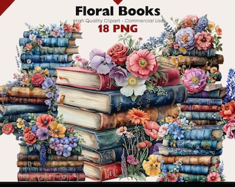 Paquete de imágenes prediseñadas de libros florales, gráficos de acuarela de libros apilados, acogedor PNG de ratón de biblioteca, arte amante de los libros de fantasía, álbumes de recortes de libros, artesanías de papel