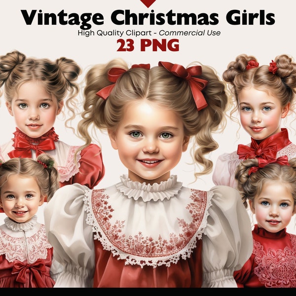 Vintage Christmas Girls Clipart Bundle, Noel Watercolor PNG, Cute Victorian Kids, Antique Girls Digital Stickers, Red White Dress Graphics