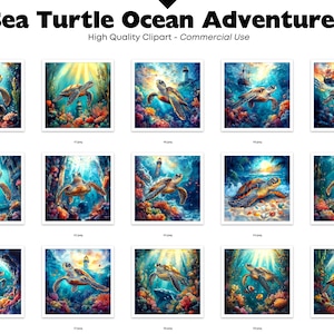 Puede incluir: Una colecci&oacute;n de vibrantes impresiones de arte digital que representan tortugas marinas nadando en un entorno de arrecife de coral colorido. La obra de arte incluye varias escenas submarinas con luz solar, vida marina y el texto "Sea Turtle Ocean Adventures".