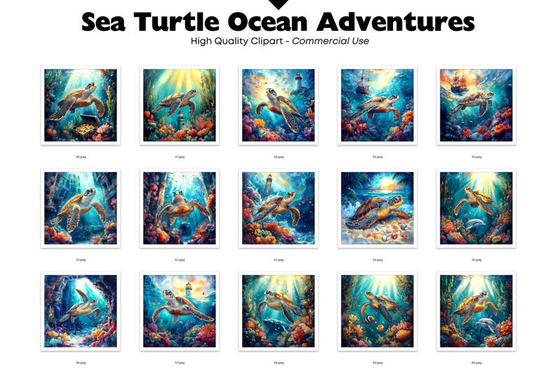 Puede incluir: Una colecci&oacute;n de vibrantes impresiones de arte digital que representan tortugas marinas nadando en un entorno de arrecife de coral colorido. La obra de arte incluye varias escenas submarinas con luz solar, vida marina y el texto "Sea Turtle Ocean Adventures".