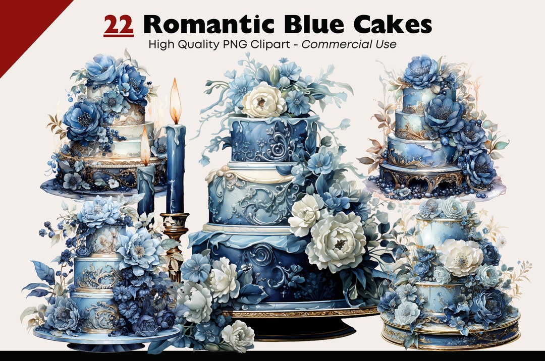 Blue Cake Clipart Bundle, Romantic Floral Wedding Cake PNG, Beautiful ...