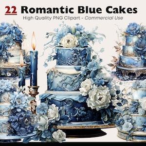 Bundle de cliparts gâteau bleu, gâteau de mariage floral romantique PNG, beau dessert graphique, téléchargement immédiat de gâteau de remise des diplômes, gâteau d'anniversaire PNG