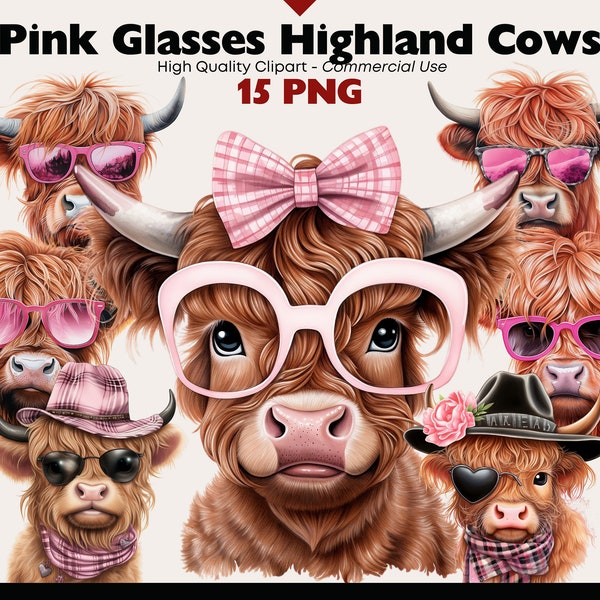Highland Cow in Glasses Clipart, Scottish Cow PNG, Pink Glasses Calf Watercolor, Pink Bow Baby Highland Cow Digitals, Highland Baby Cow PNG