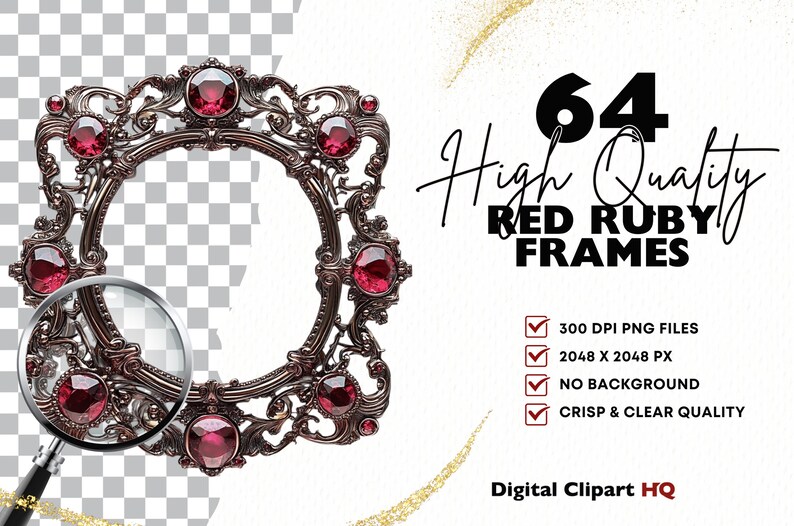 May include: A set of 64 high-quality red ruby frames. The frames are ornate and feature a detailed design with red gemstones. The frames are perfect for adding a touch of elegance to any project.