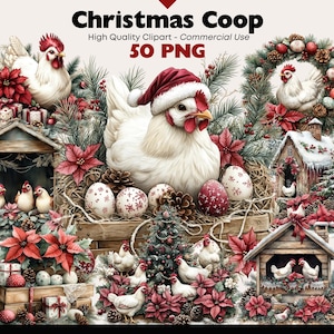 Kurnik Boże Narodzenie Clipart Bundle Akwarela Słodkie Wakacje Gospodarstwo PNG Zima Zwierzęta Grafika Cyfrowe Pobieranie Papierowe Rękodzieło Scrapbooking