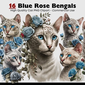 Blue Rose Cat Clipart Bundle, Flower Bengal Cat PNG, Whimsical Bengal Watercolor Clipart, Fantasy Kitten Graphics, Paper Crafts, Scrapbook