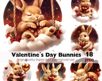 Valentine Bunny Clipart PNG JPEG, Cute Love Bunny Printable Art, Romantic Rabbit Illustration, Valentines Animals Clipart, Instant Download