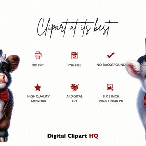 Puede incluir: Dos adorables vacas Highland de dibujos animados que llevan sombreros y pajaritas patri&oacute;ticas rojo, blanco y azul. Las vacas est&aacute;n de pie sobre un fondo blanco. La imagen mide 8 pulgadas por 8 pulgadas y 2048 p&iacute;xeles por 2048 p&iacute;xeles.