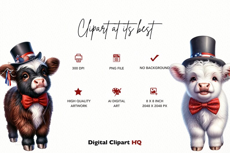 Puede incluir: Dos adorables vacas Highland de dibujos animados que llevan sombreros y pajaritas patri&oacute;ticas rojo, blanco y azul. Las vacas est&aacute;n de pie sobre un fondo blanco. La imagen mide 8 pulgadas por 8 pulgadas y 2048 p&iacute;xeles por 2048 p&iacute;xeles.