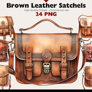 Clipart cartable en cuir marron vintage, sac à bandoulière rétro, sac à main aquarelle PNG, cartable vintage, clipart numérique, autocollants numériques