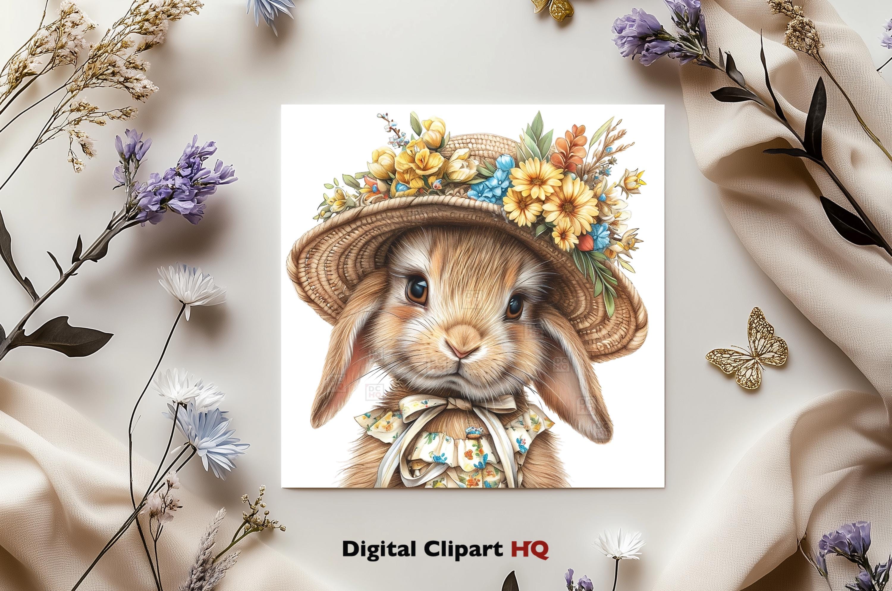 Floral Easter Bunny Clipart Set, 18 PNG Spring Rabbit in Bonnet ...
