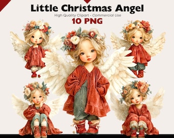 Clipart de anjinho de Natal, anjo de Natal vintage PNG, ilustração de querubim de inverno com vestido vermelho, arte de Natal aconchegante para scrapbooking