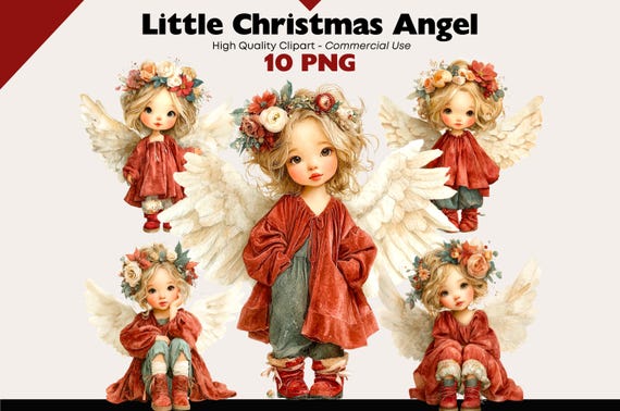Little Christmas Angel Clipart, Vintage Holiday Angel PNG, Red Dress Winter Cherub Illustration, Cozy Christmas Art for Scrapbooking